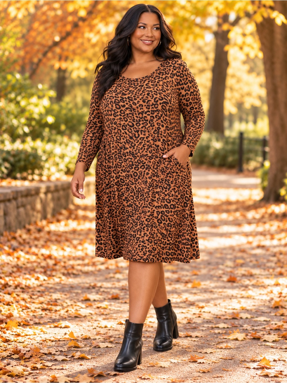 TIME AND TRU Leopard Print Long Sleeve Dress with Pockets XXL 20